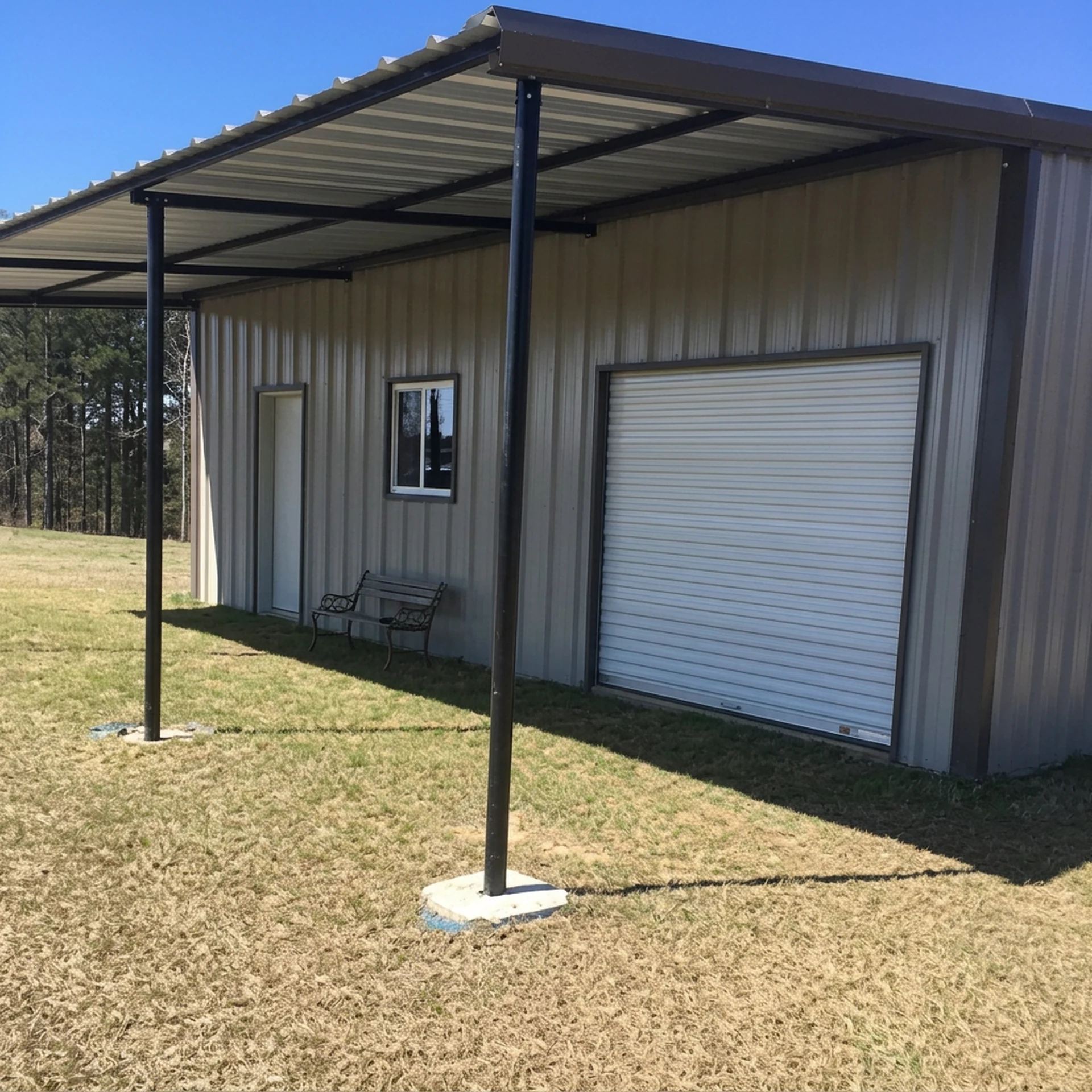 Metal garage with lean-to porch
